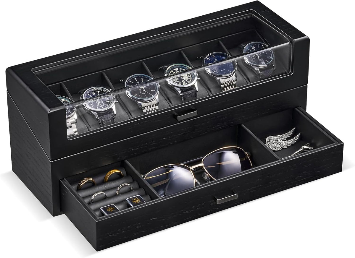 Valcourt™ Wooden 6-Slot Watch Box — 2-Layer with Valet Drawer, Black