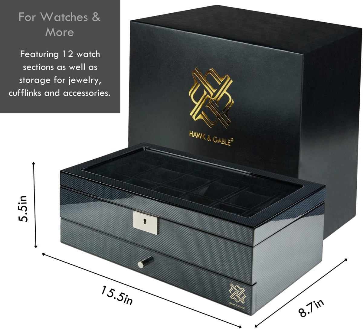 Valcourt™ Carbon 12-Slot Watch Box — Lockable Glass Display