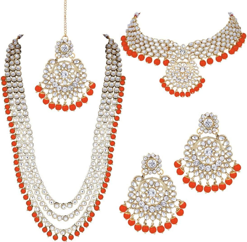Indian Wedding Kundan Beaded Bridal Long Choker Necklace Earrings with