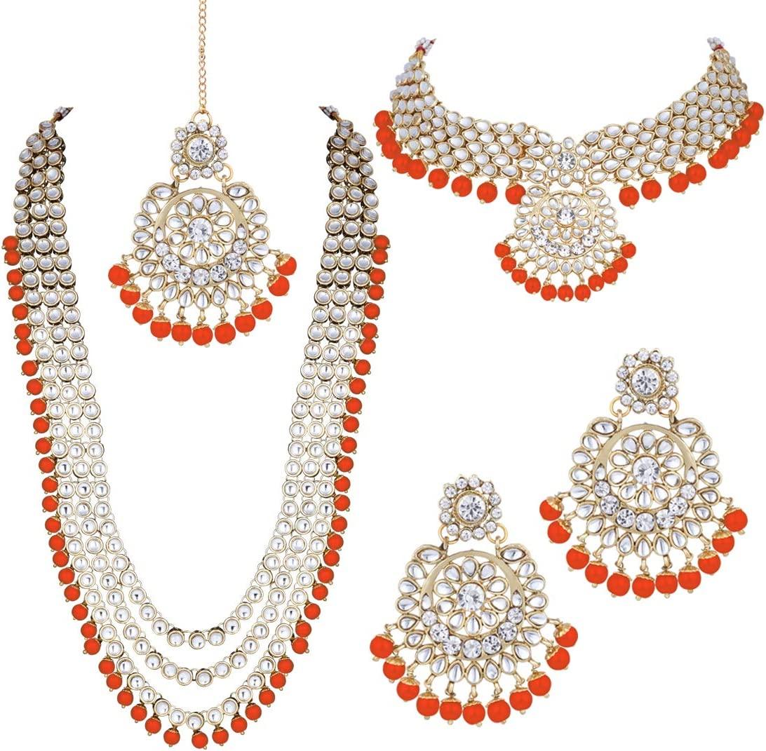 Indian Wedding Kundan Beaded Bridal Long Choker Necklace Earrings with
