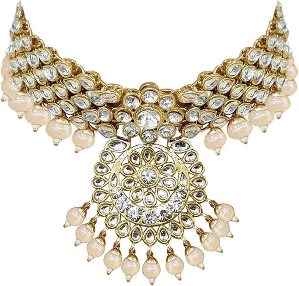 Indian Wedding Kundan Beaded Bridal Long Choker Necklace Earrings with