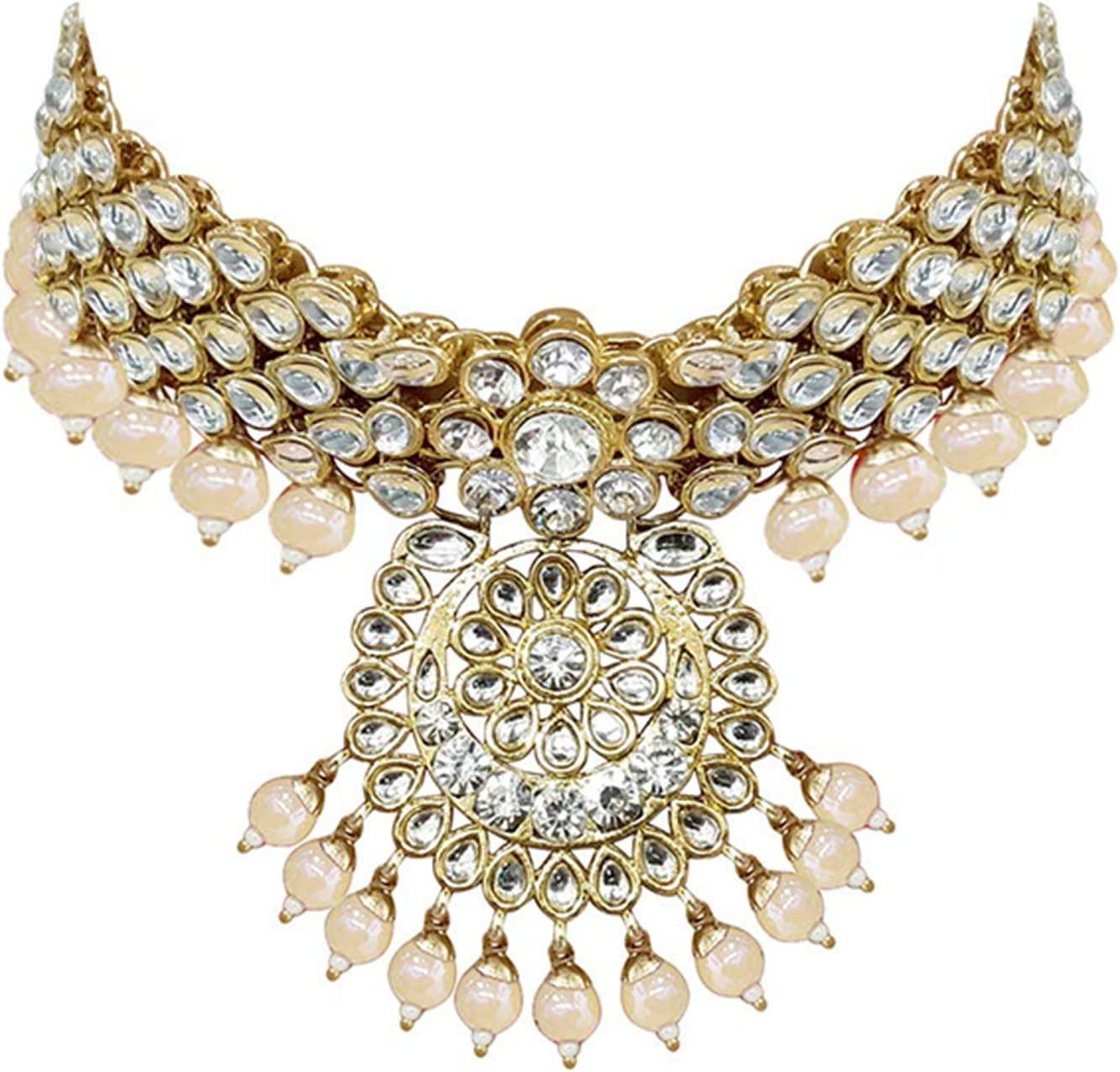 Indian Wedding Kundan Beaded Bridal Long Choker Necklace Earrings with