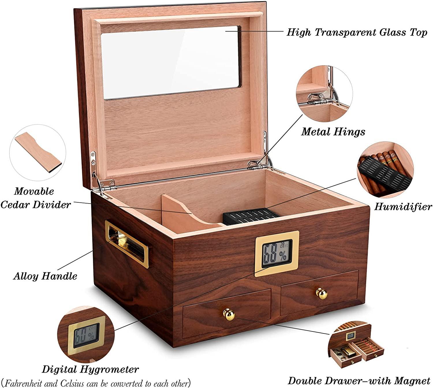 CIGARLOONG Cigar Humidor with Hygrometer and Humidifier Large Capacity