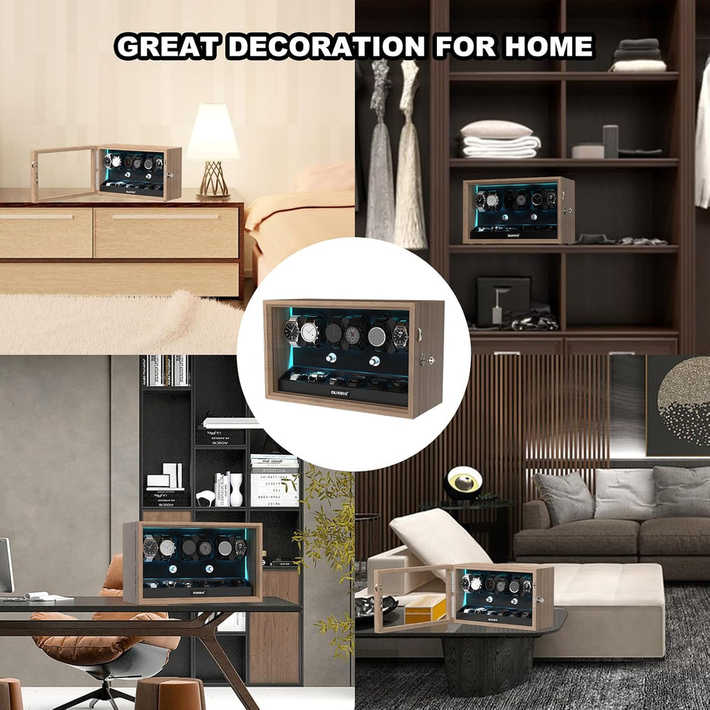 Rotare™ Grand Watch Winder — Wood Cabinet, 4 Winders + 6 Storage, Blue Backlight