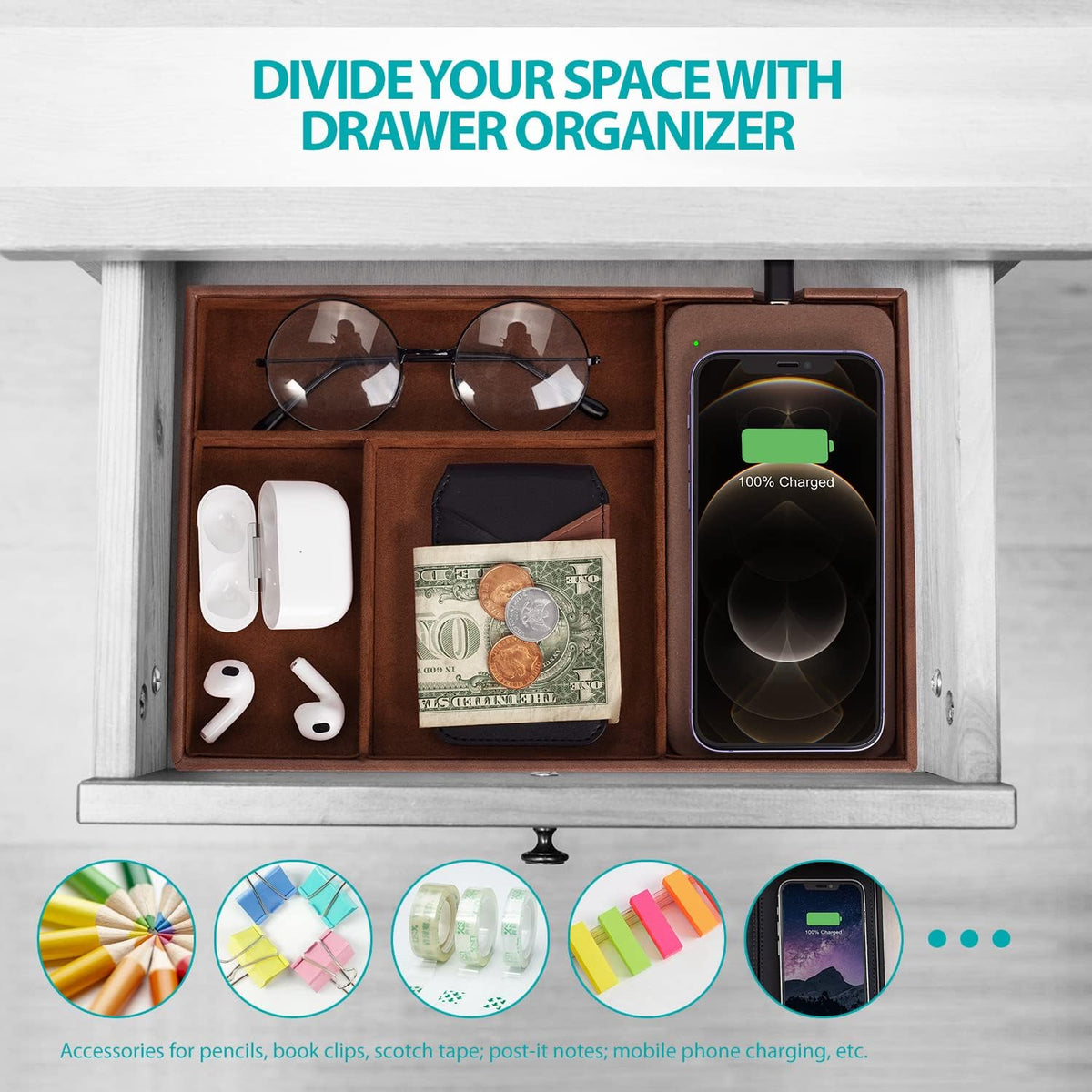 Norwood™ Wireless Charging Valet Station — 3-Compartment, Brown