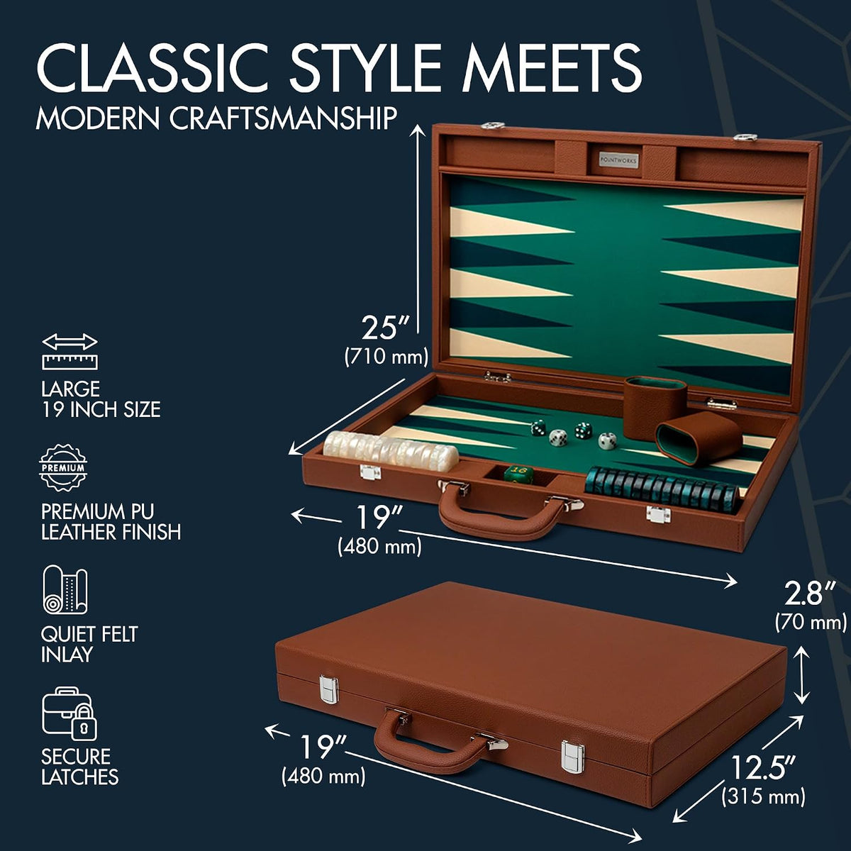Pointworks 19 Inch Premium Backgammon Set for Adults - Leath