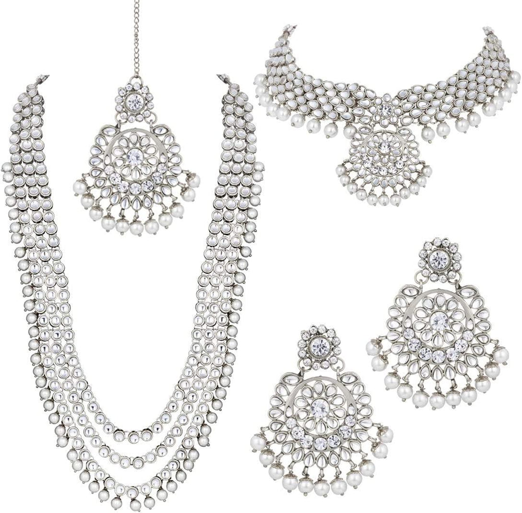 Indian Wedding Kundan Beaded Bridal Long Choker Necklace Earrings with