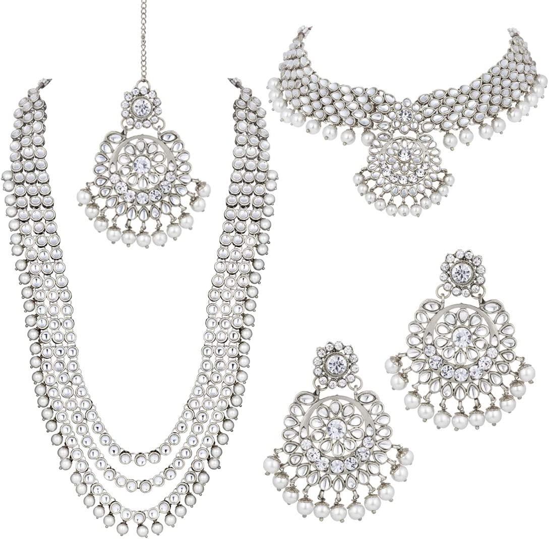 Indian Wedding Kundan Beaded Bridal Long Choker Necklace Earrings with