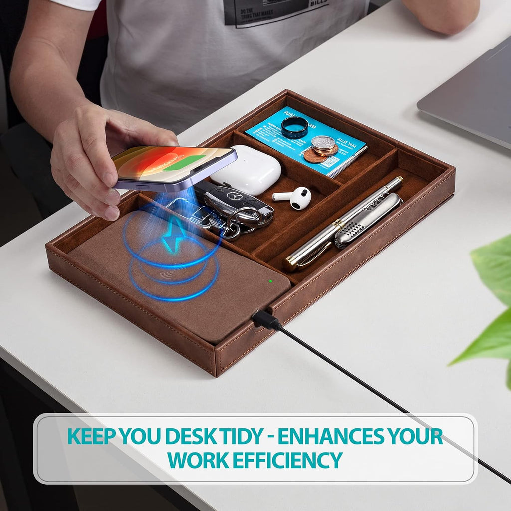 Norwood™ Wireless Charging Valet Station — 3-Compartment, Brown