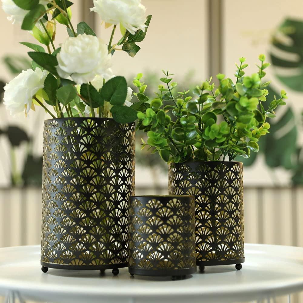 Set of 3 Metal Candle Holders Bronze Hurricane Pillar Candleholder