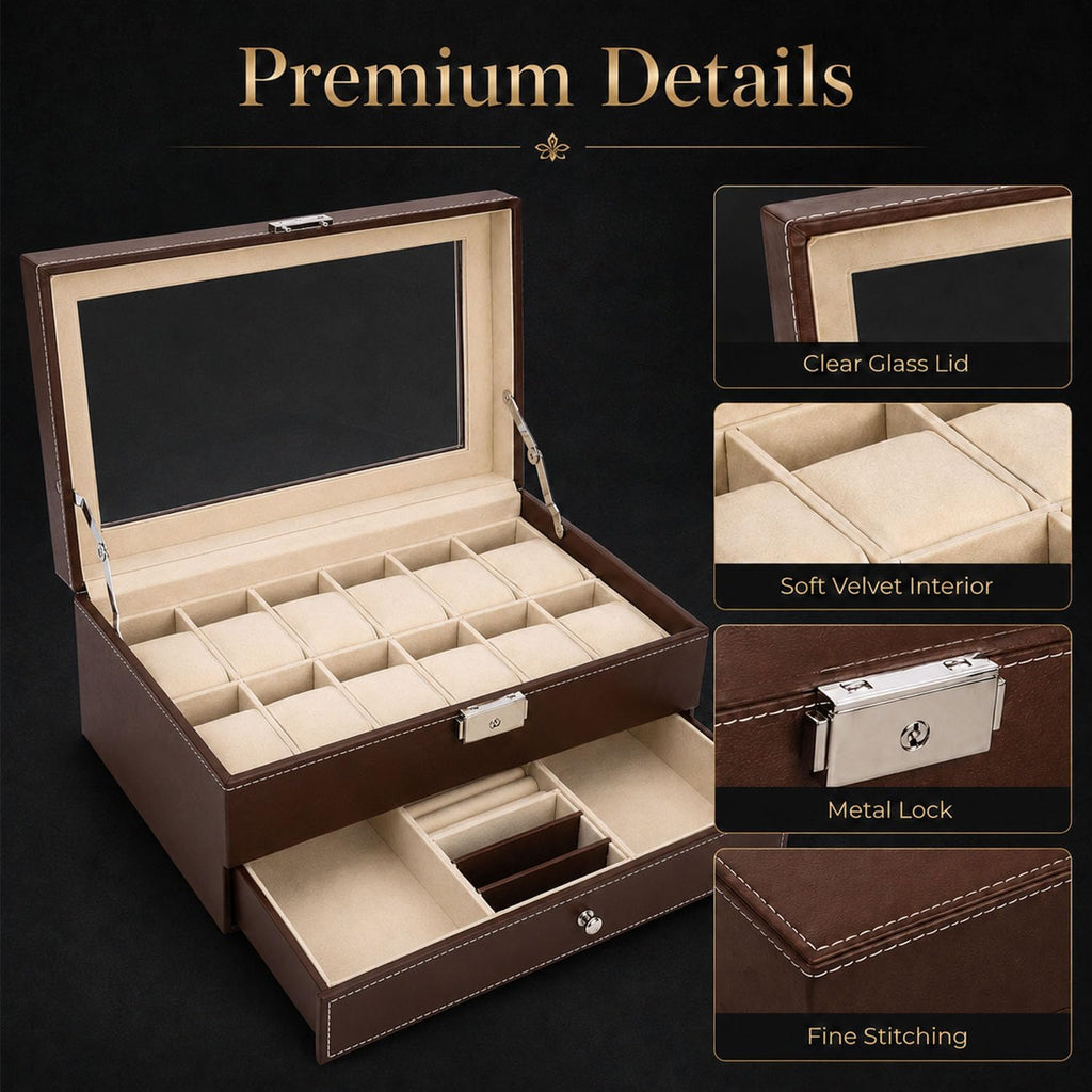 Valcourt™ Lockable 12-Slot Watch Box — 2-Tier, Brown