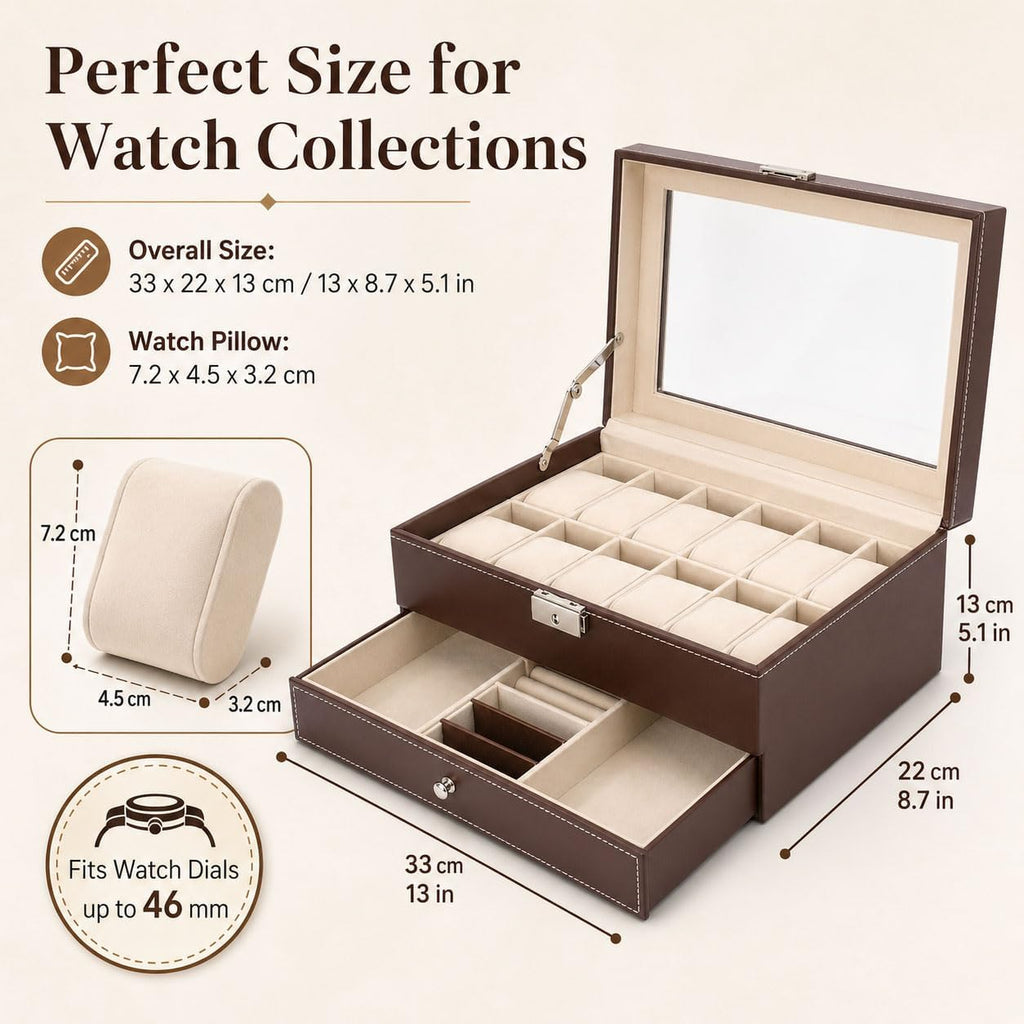 Valcourt™ Lockable 12-Slot Watch Box — 2-Tier, Brown