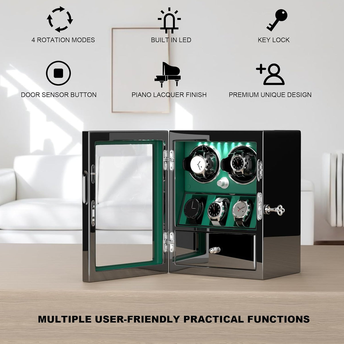 Rotare™ Dual Watch Winder — Lockable, LED-Lit, Holds 2 + 3 Storage