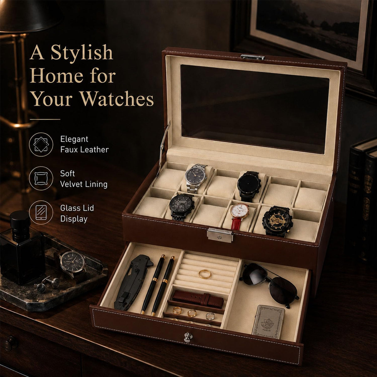 Valcourt™ Lockable 12-Slot Watch Box — 2-Tier, Brown