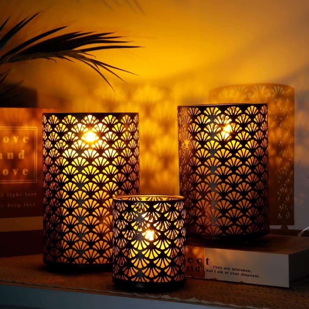 Set of 3 Metal Candle Holders Bronze Hurricane Pillar Candleholder