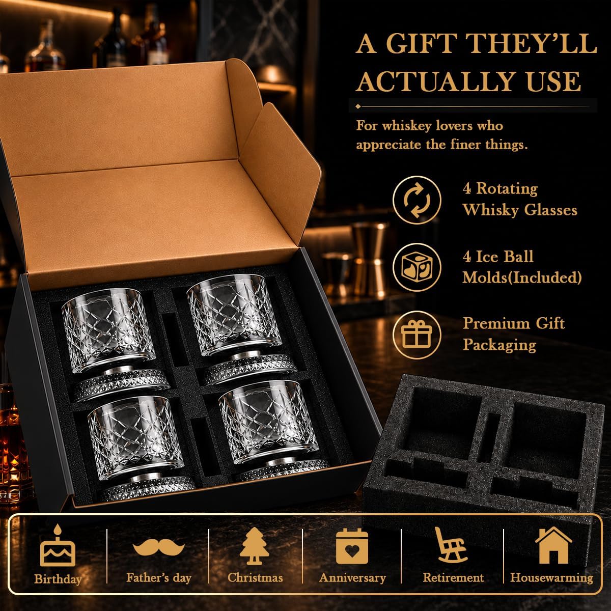 Balvorne™ 360° Spinning Whisky Glasses — Set of 4, Diamond Cut Gift Set