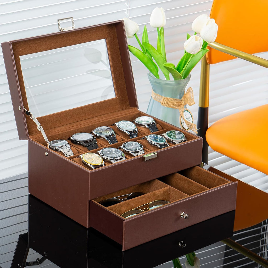 Valcourt™ 10-Slot Watch & Valet Box — Espresso, with Drawer