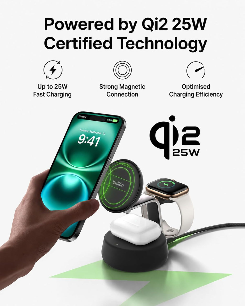 Belkin 3 in 1 Qi2 Wireless Charging Dock Stand 25W Active Co