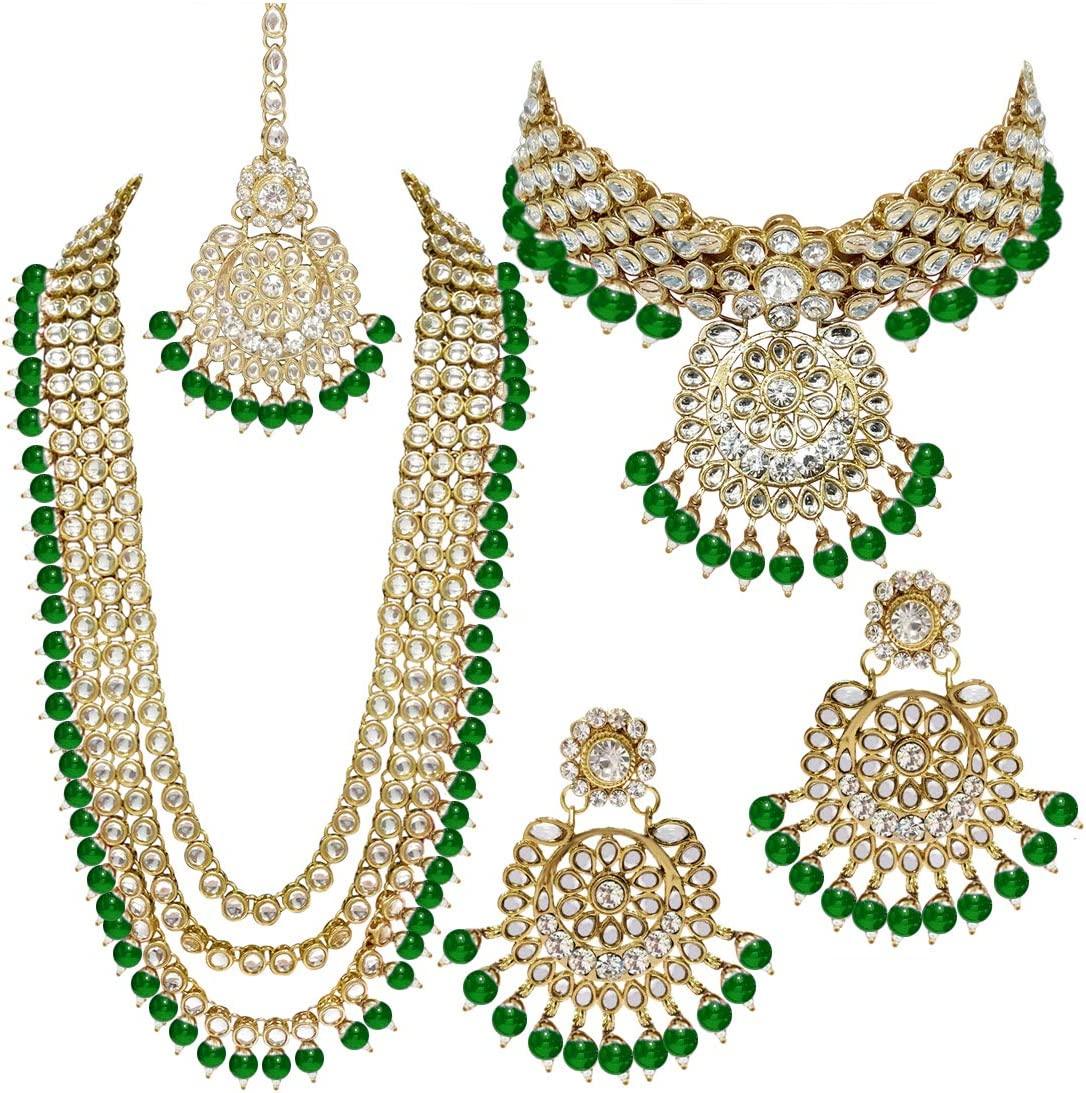 Indian Wedding Kundan Beaded Bridal Long Choker Necklace Earrings with