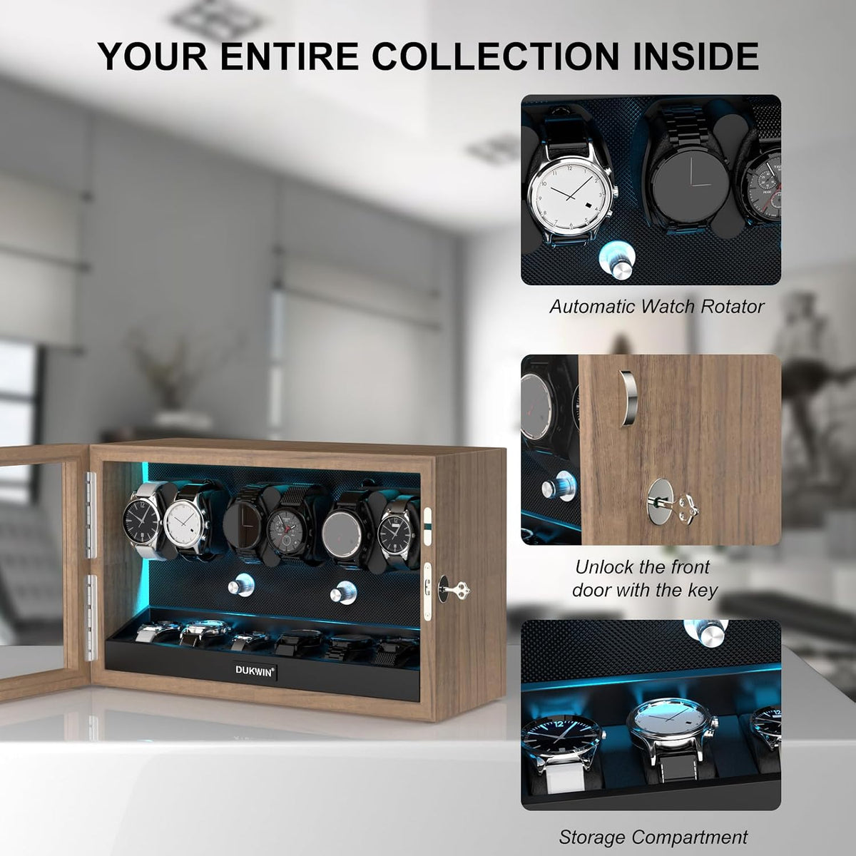 Rotare™ Grand Watch Winder — Wood Cabinet, 4 Winders + 6 Storage, Blue Backlight