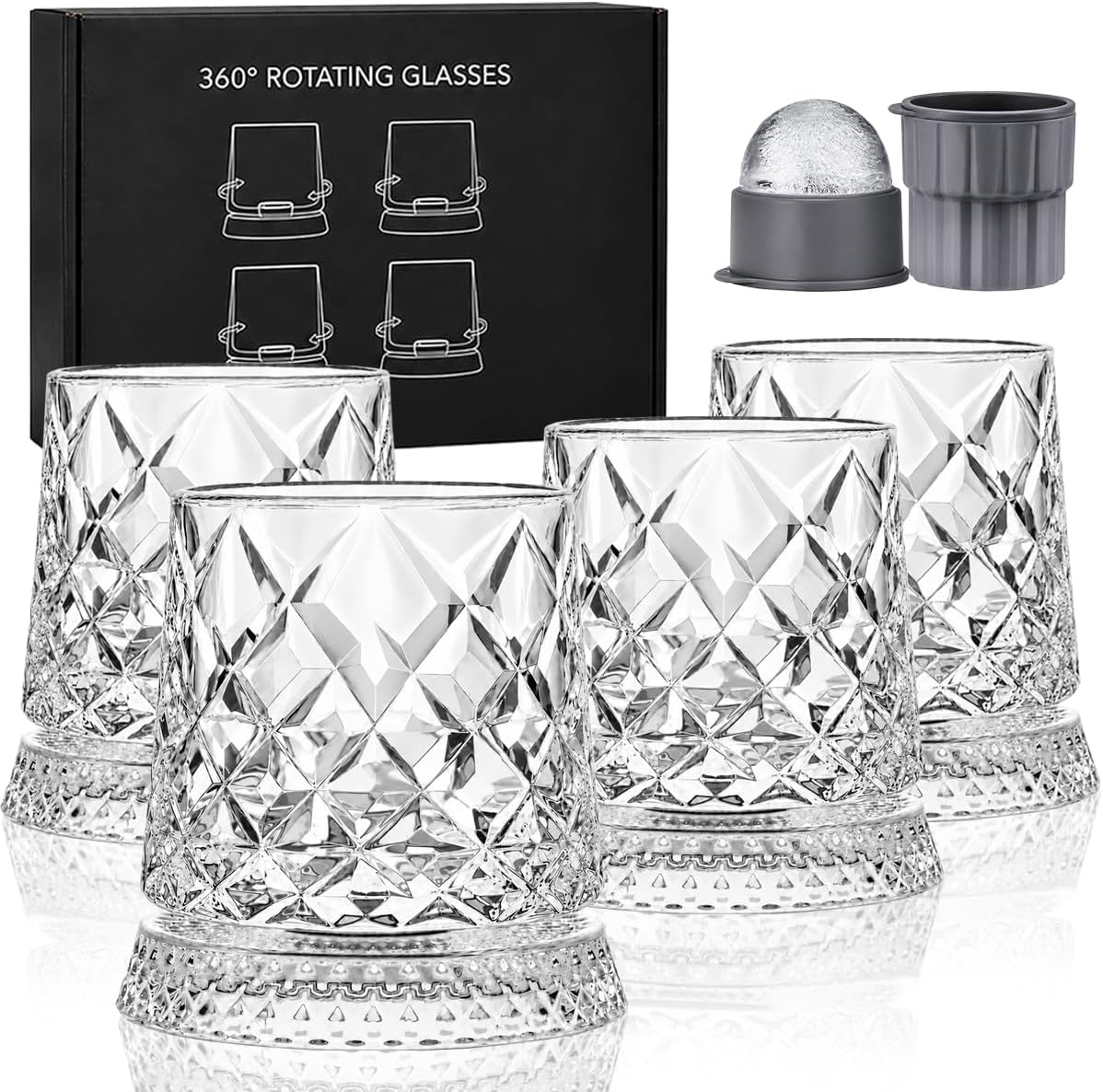 Balvorne™ 360° Spinning Whisky Glasses — Set of 4, Diamond Cut Gift Set