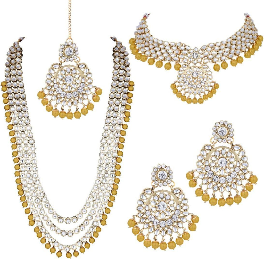 Indian Wedding Kundan Beaded Bridal Long Choker Necklace Earrings with