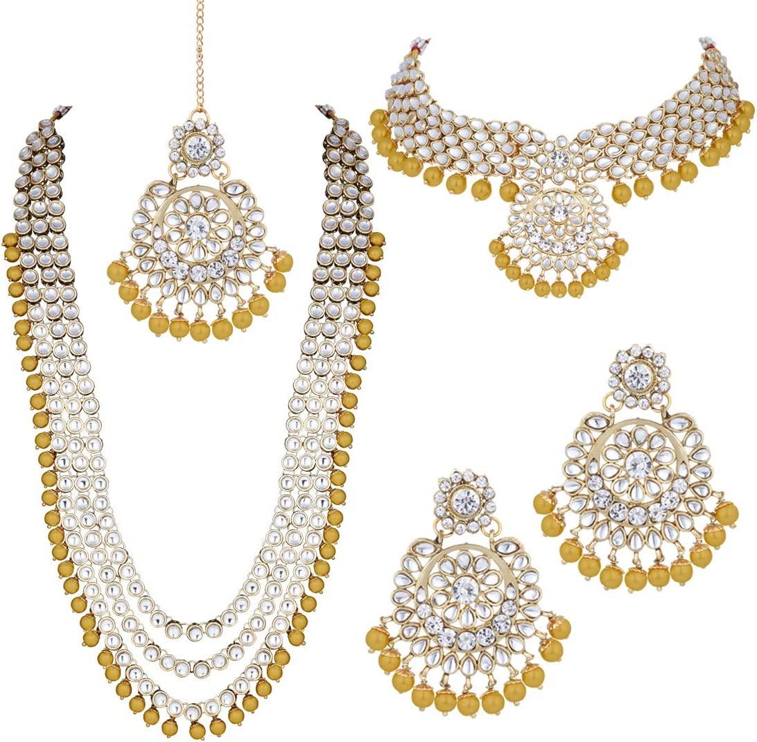 Indian Wedding Kundan Beaded Bridal Long Choker Necklace Earrings with