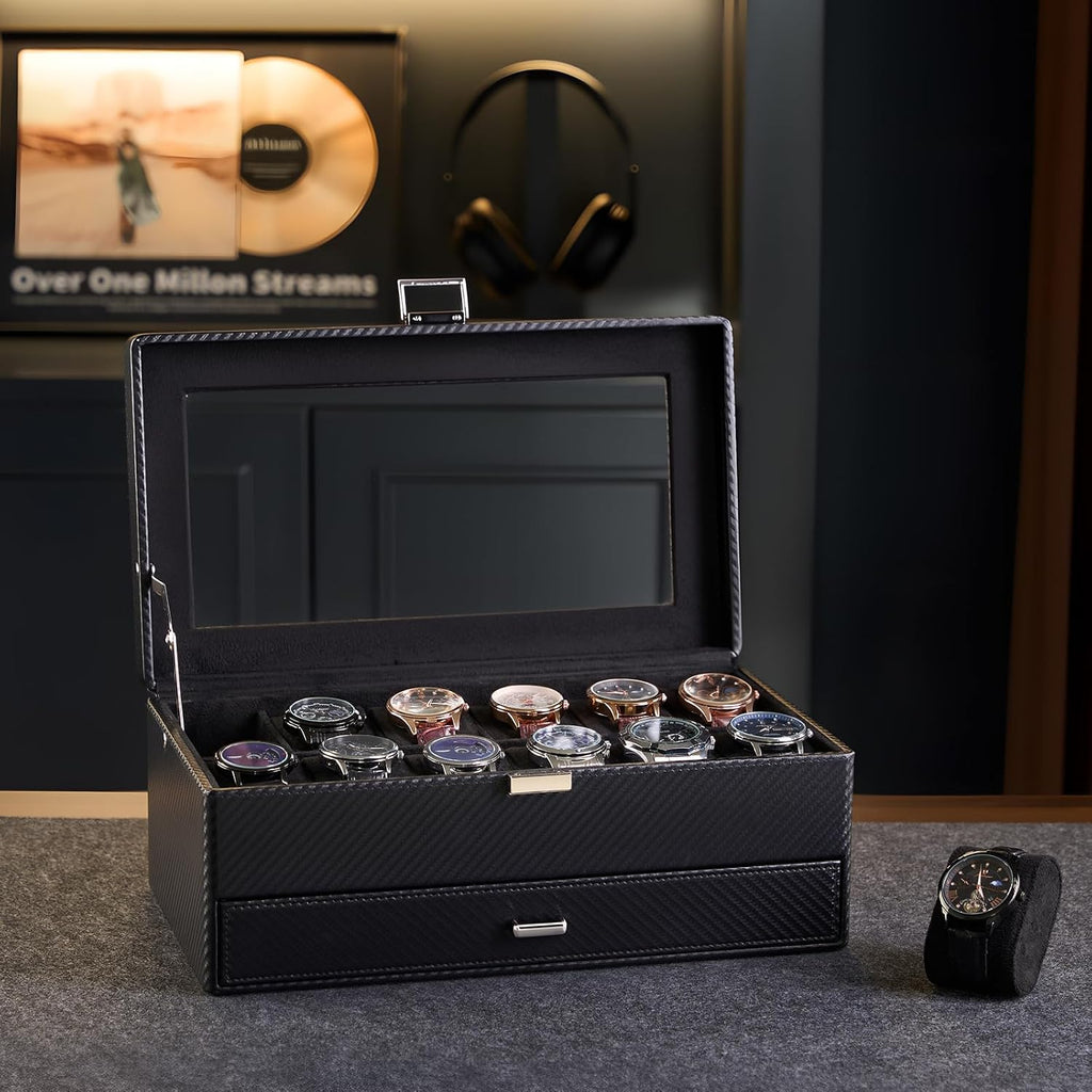 Valcourt™ 12-Slot Watch Box — All-Black with Valet Drawer