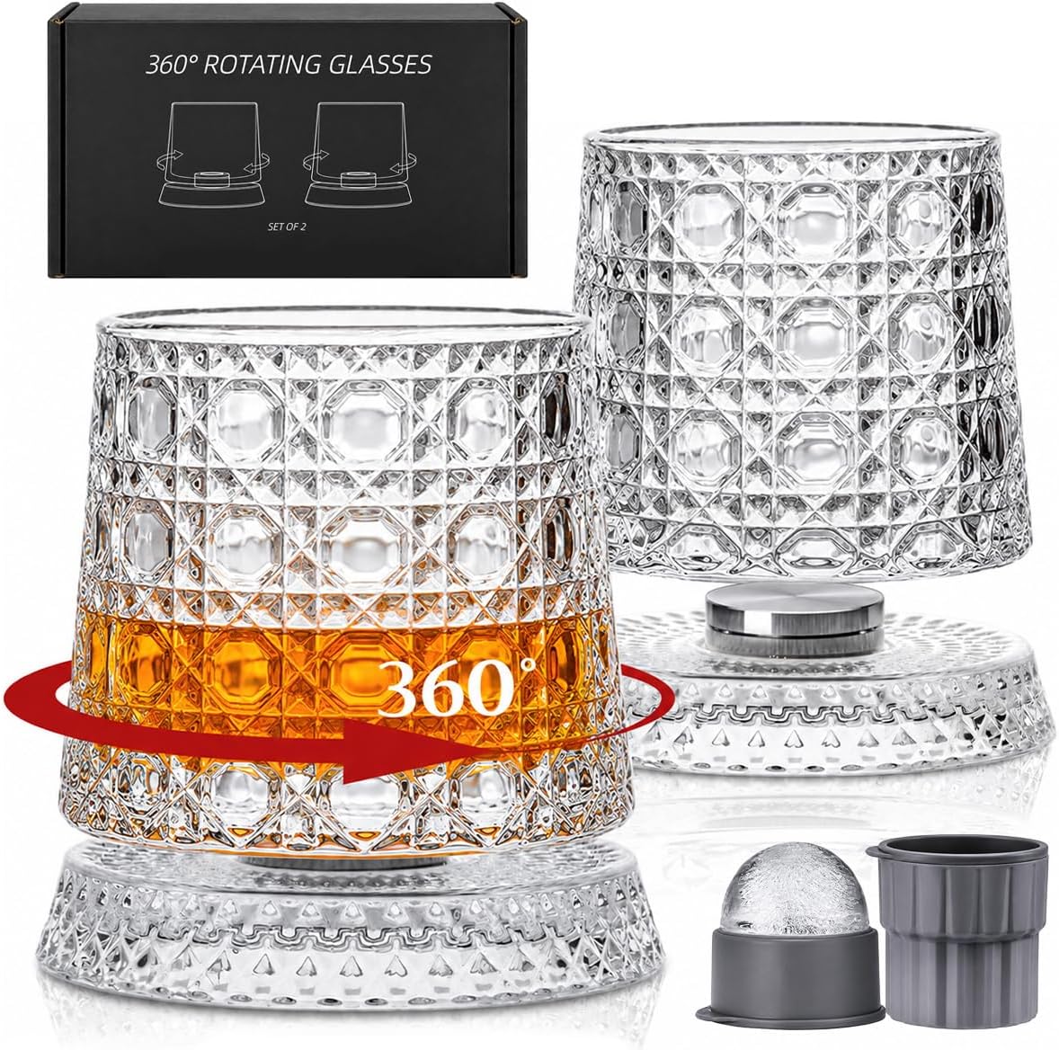 Balvorne™ 360° Spinning Whisky Glasses — Set of 4, Diamond Cut Gift Set