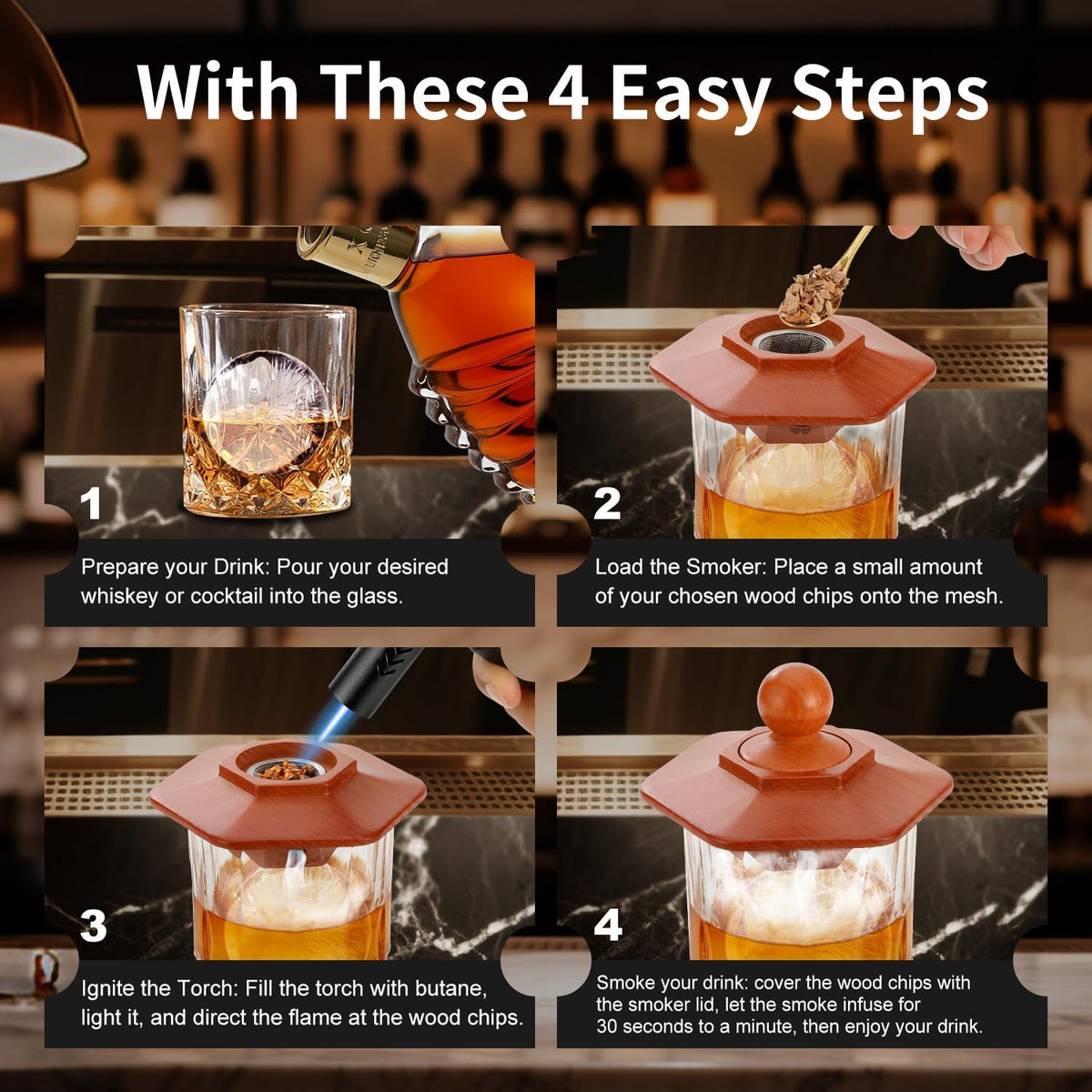 Emberton™ Whisky Smoker Kit — 6 Wood Flavours, 2 Glasses & Ice Ball Moulds