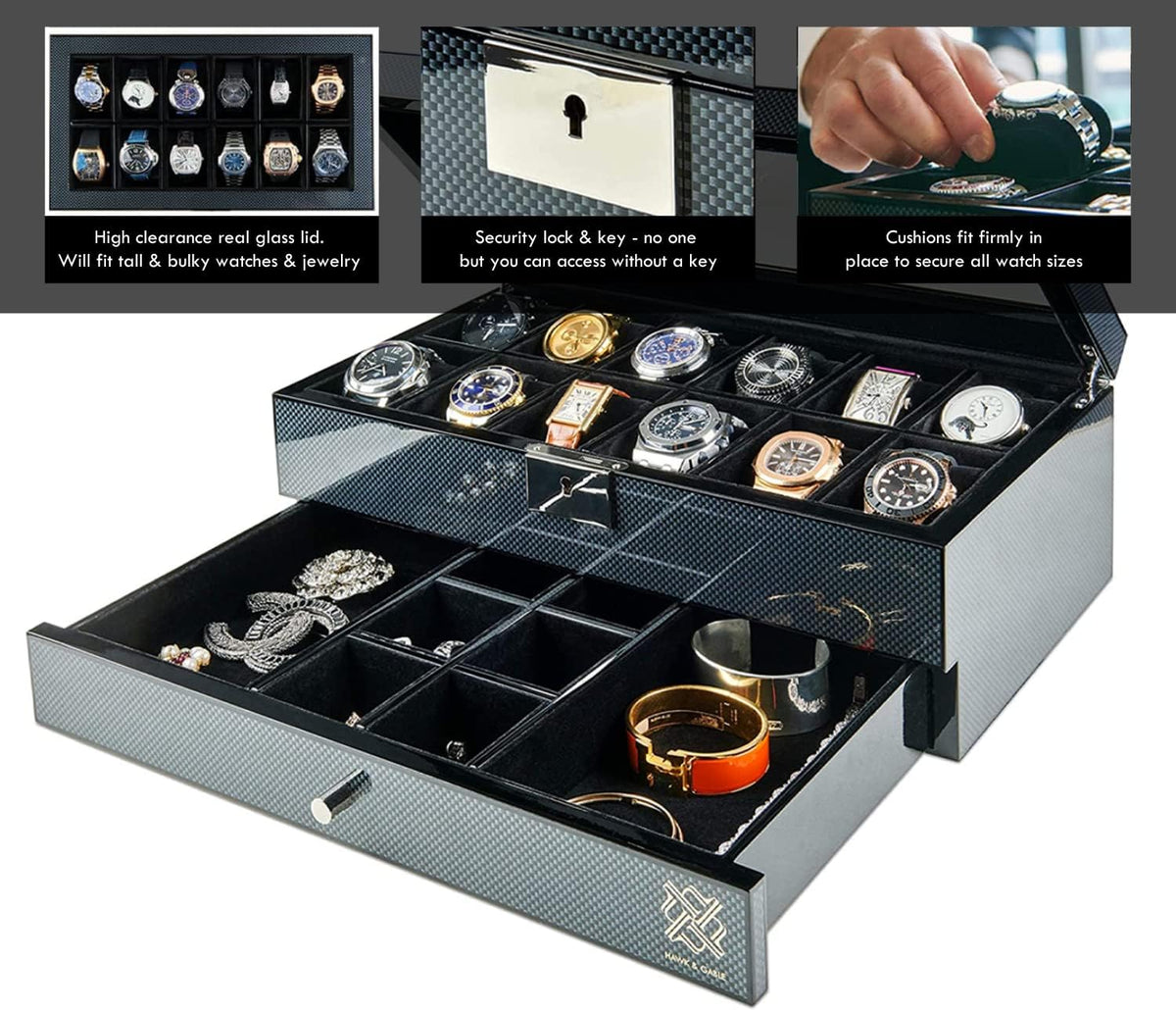 Valcourt™ Carbon 12-Slot Watch Box — Lockable Glass Display