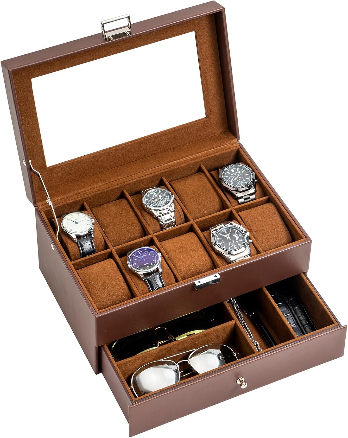 Valcourt™ 10-Slot Watch & Valet Box — Espresso, with Drawer