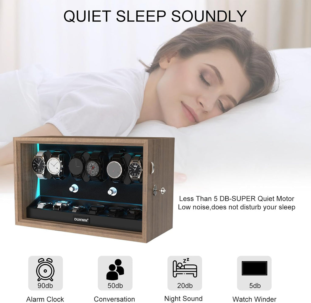 Rotare™ Grand Watch Winder — Wood Cabinet, 4 Winders + 6 Storage, Blue Backlight