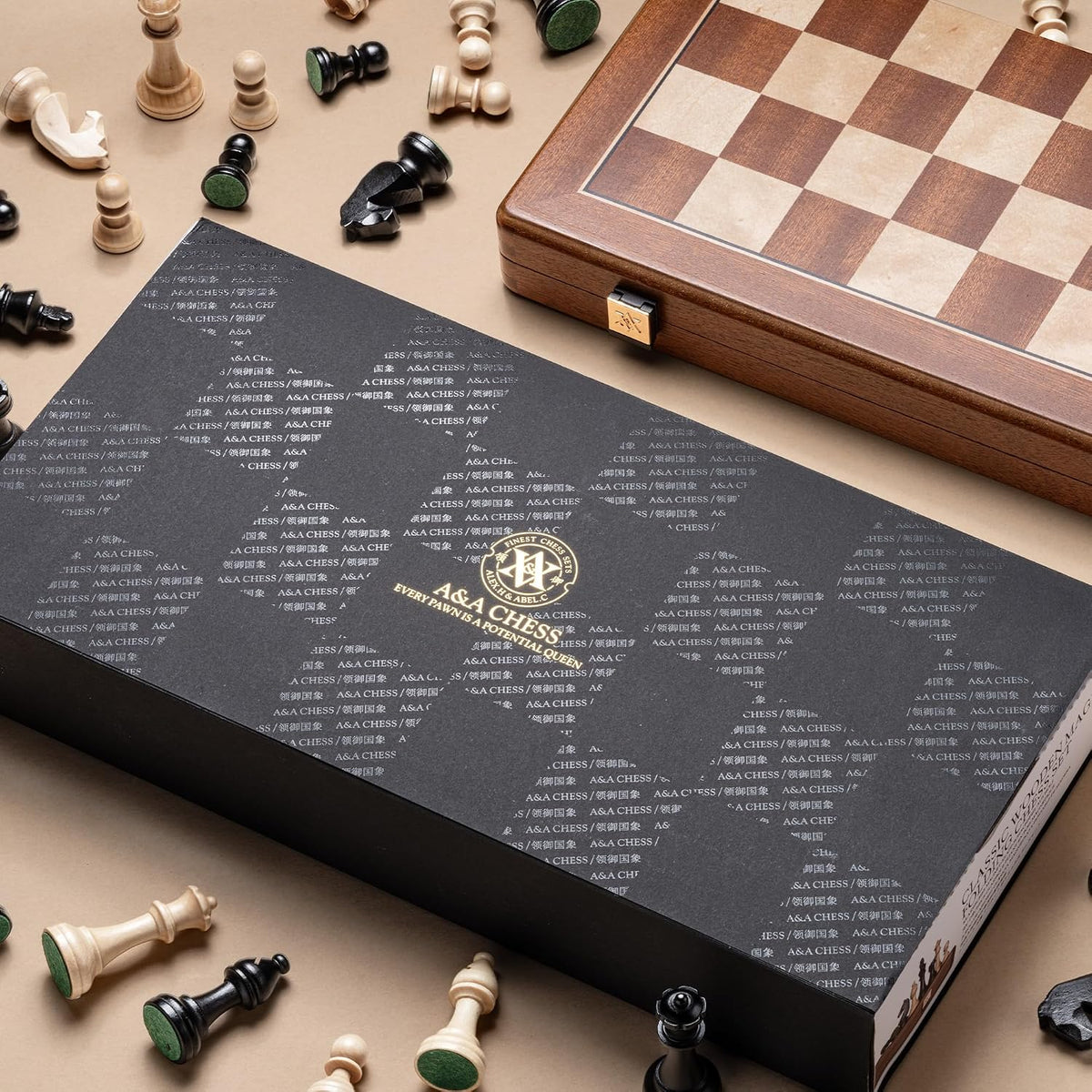 A&A Premium Natural Mahogany Folding Chess Set