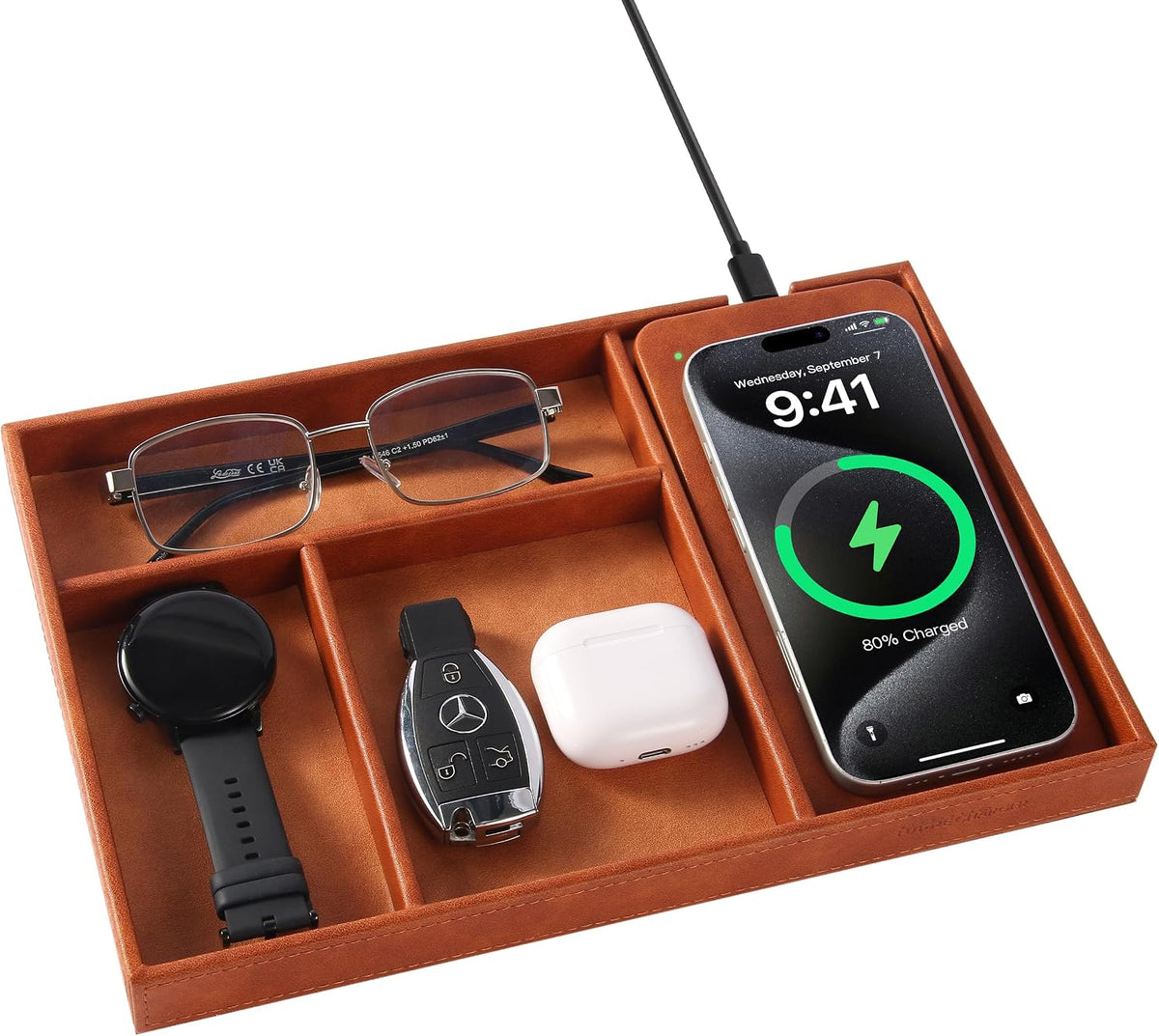 Norwood™ Wireless Charging Valet Station — 3-Compartment, Brown