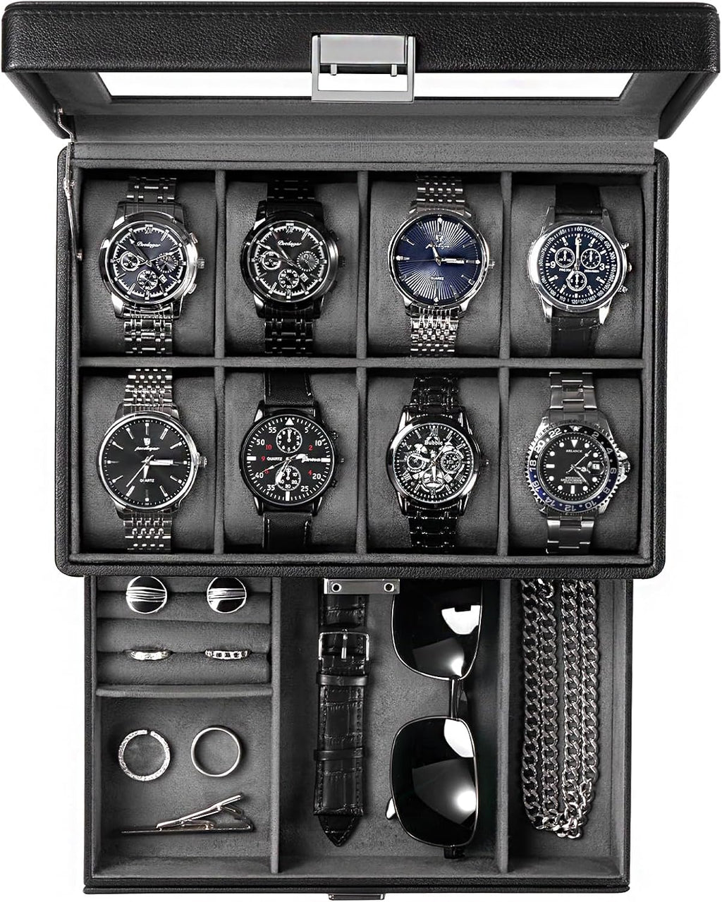 Valcourt™ 8-Slot Watch & Jewellery Box — Glass Lid with Drawer, Black