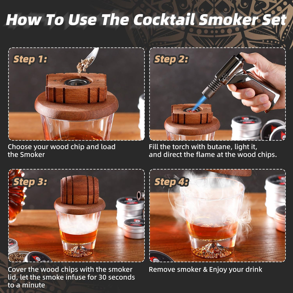Emberton™ Signature Whisky Smoker Set — 8 Wood Flavours & Smoke Top