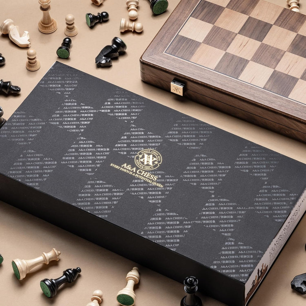 A&A Premium Natural Walnut Folding Chess Set