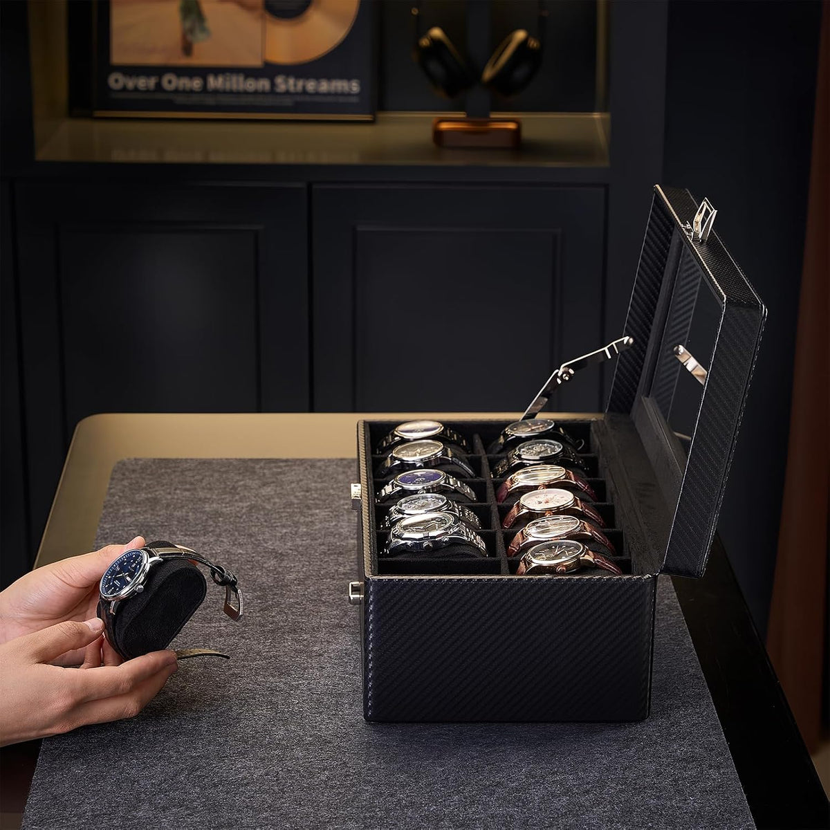 Valcourt™ 12-Slot Watch Box — All-Black with Valet Drawer