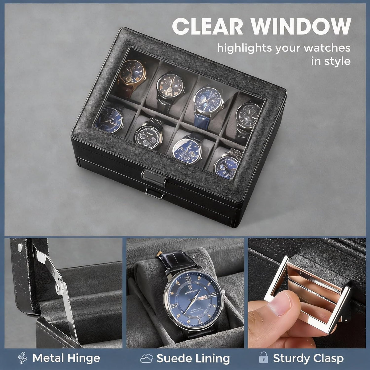 Valcourt™ 8-Slot Watch & Jewellery Box — Glass Lid with Drawer, Black