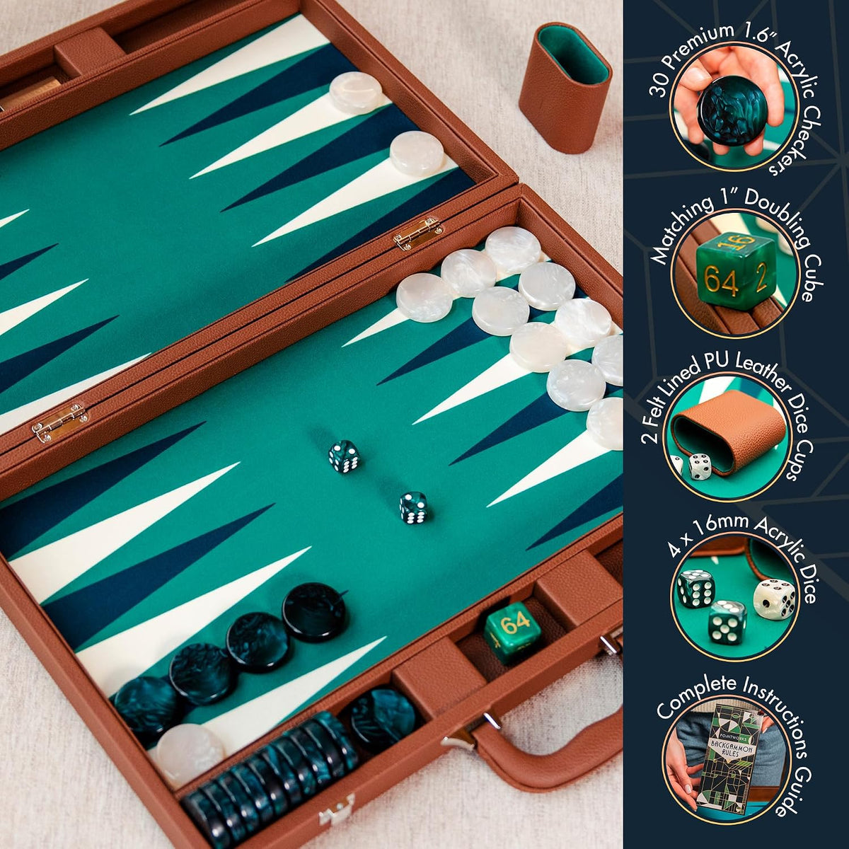 Pointworks 19 Inch Premium Backgammon Set for Adults - Leath