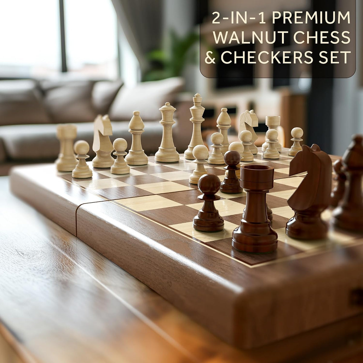 38 cm Walnut Chess and Checkers Set