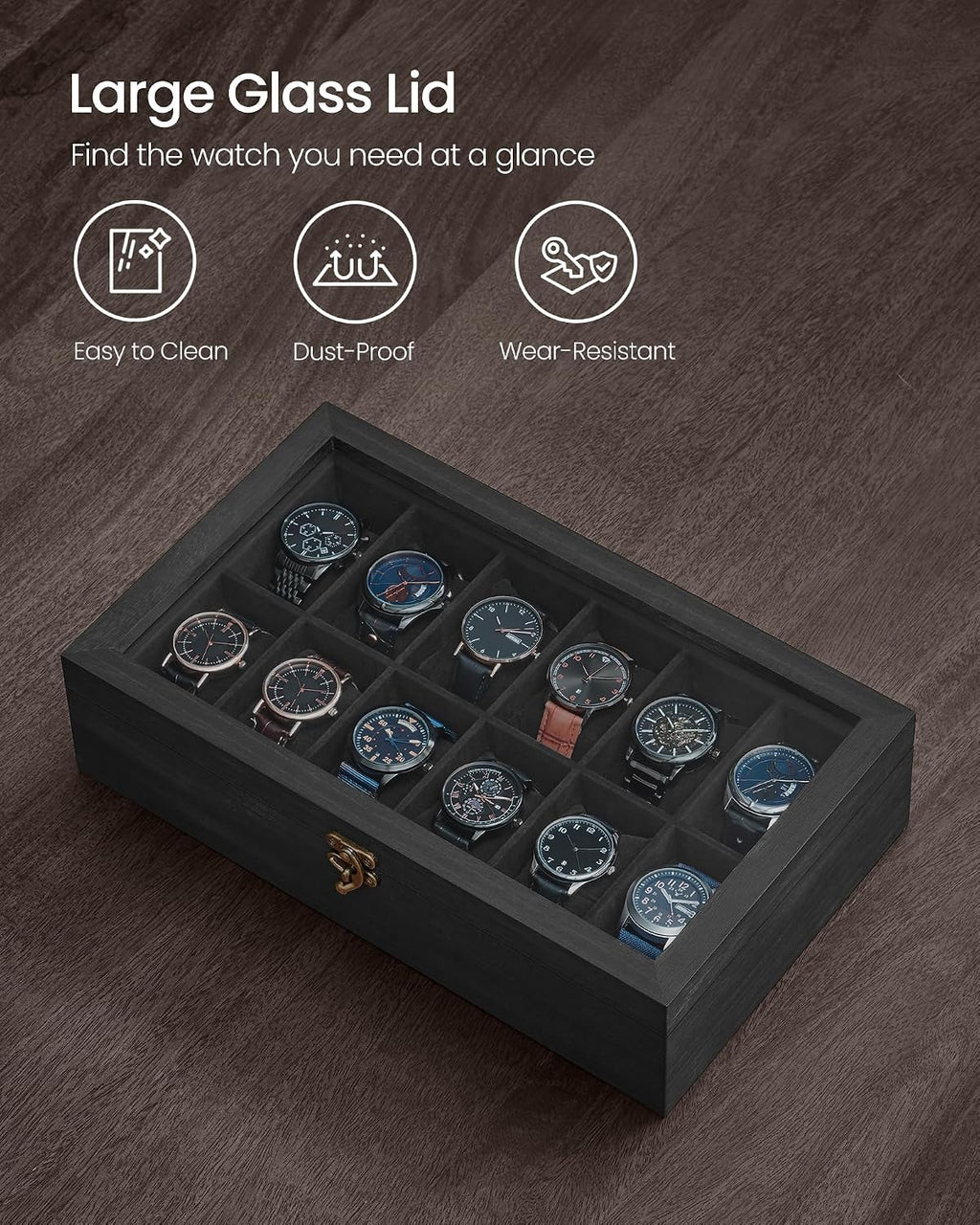 Valcourt™ Solid Wood Watch Box — 12 Slots with Glass Lid