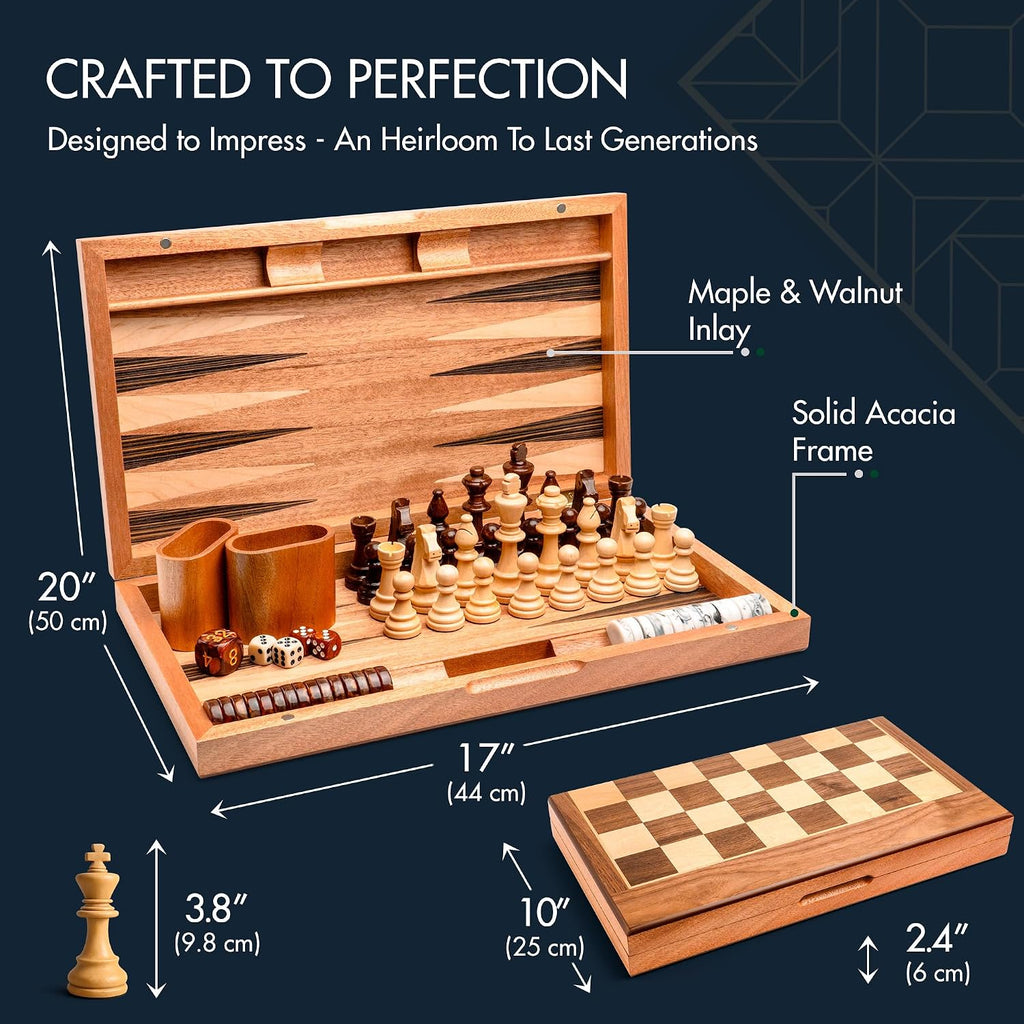 Pointworks 17 Inch Chess Checkers Backgammon Set for adults