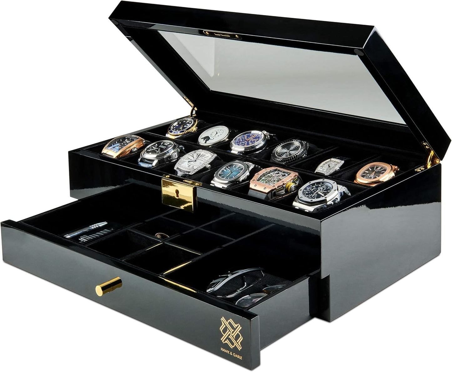 Luxury 12-Slot Watch Box Organizer – Lockable Glass Display Case with Velvet Lining