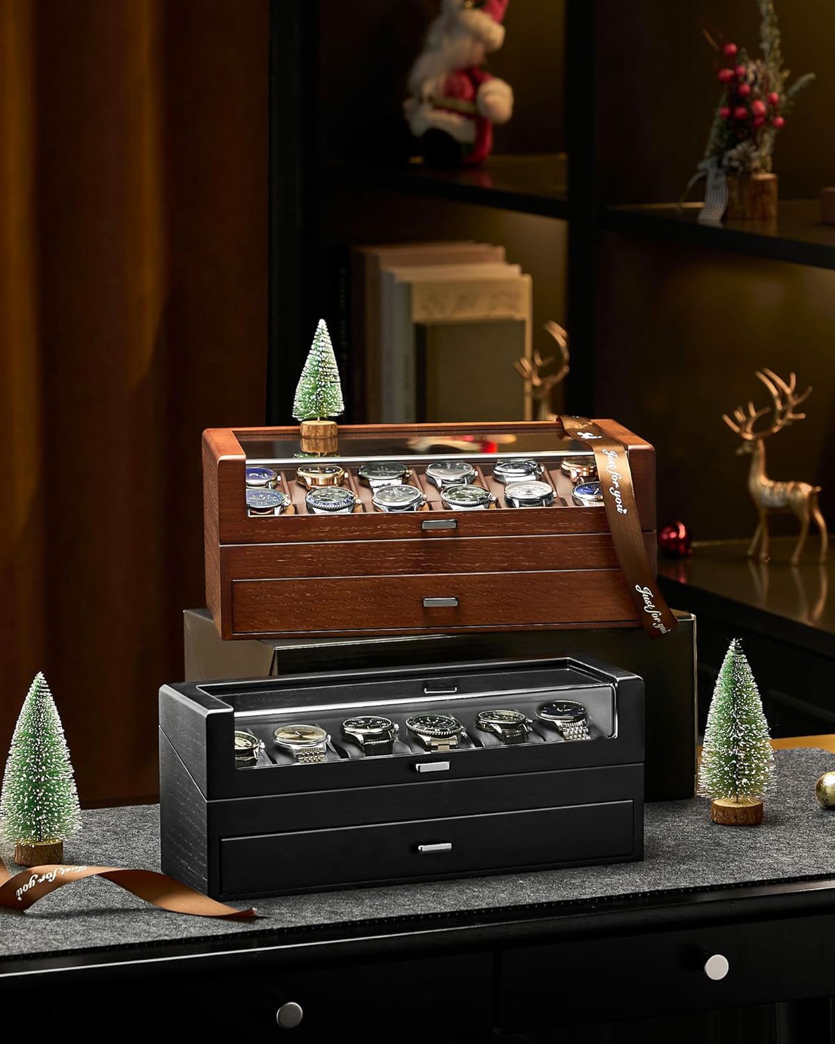 Valcourt™ Wooden 6-Slot Watch Box — 2-Layer with Valet Drawer, Black