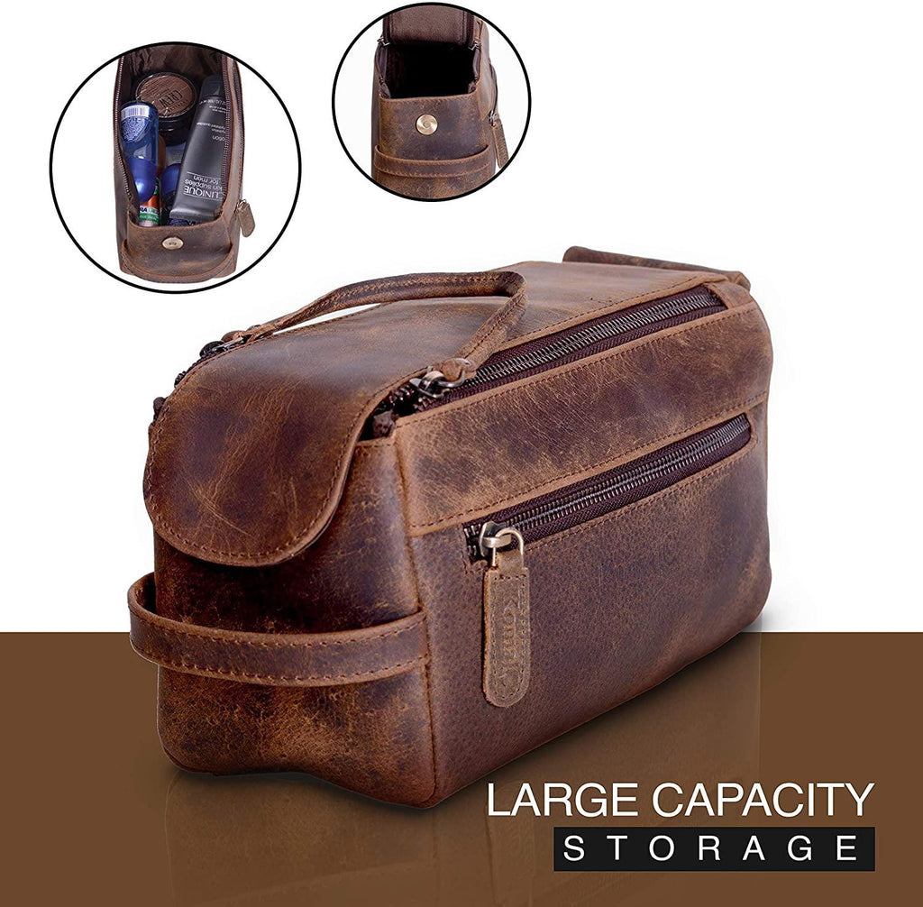 KomalC Premium Buffalo Leather Unisex Toiletry Bag Travel Dopp Kit