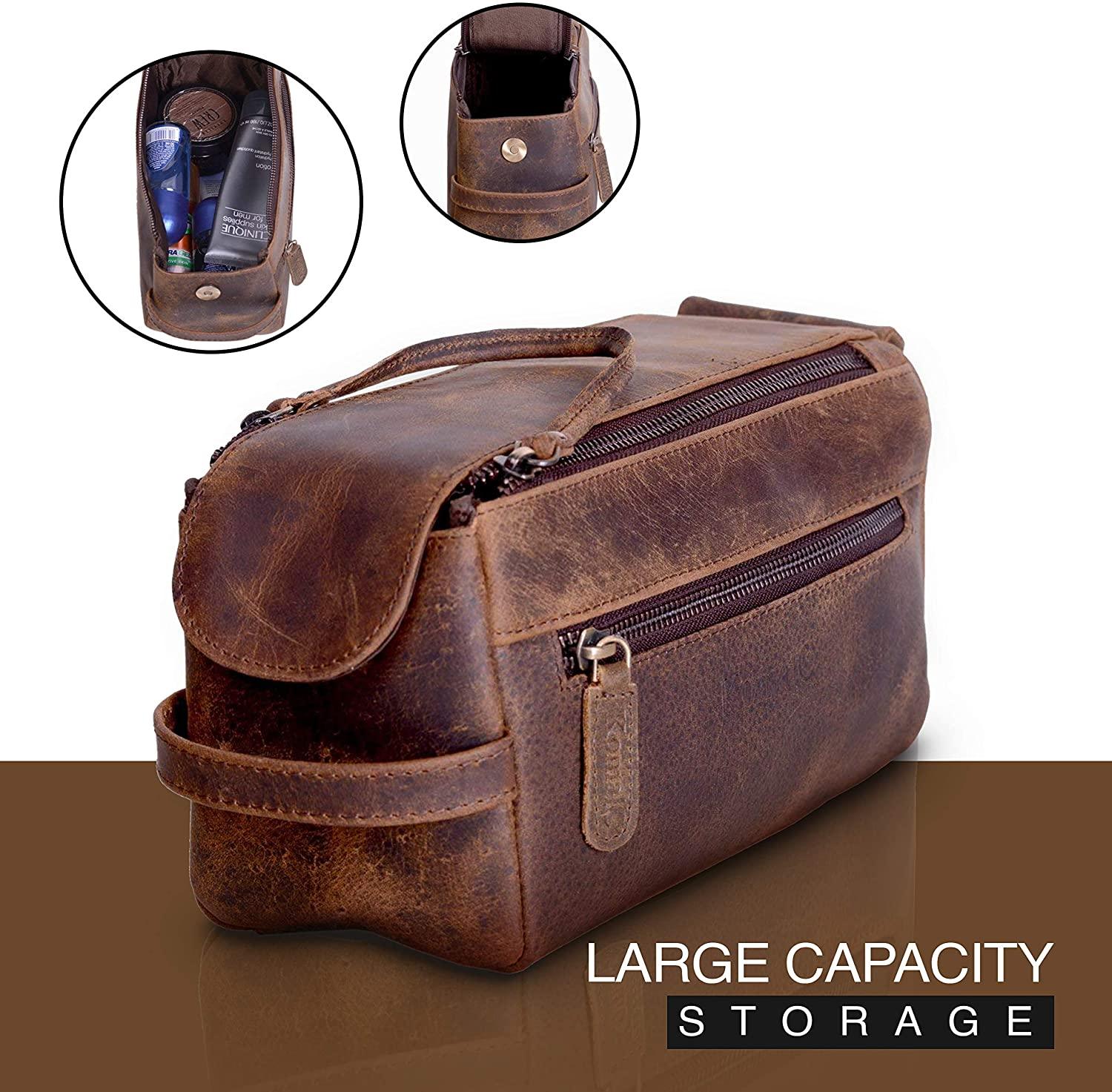 KomalC Premium Buffalo Leather Unisex Toiletry Bag Travel Dopp Kit