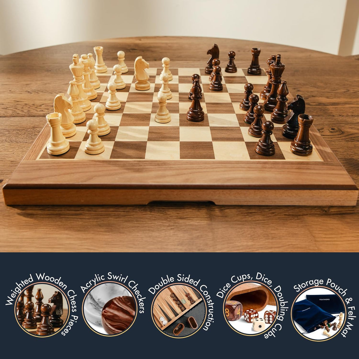 Pointworks 17 Inch Chess Checkers Backgammon Set for adults