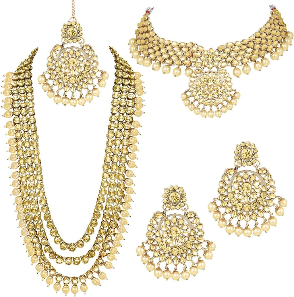 Indian Wedding Kundan Beaded Bridal Long Choker Necklace Earrings with